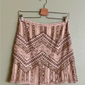 Anthropologie Darla Emroidered Blush Pink Beaded Chevron Mini Skirt Regency